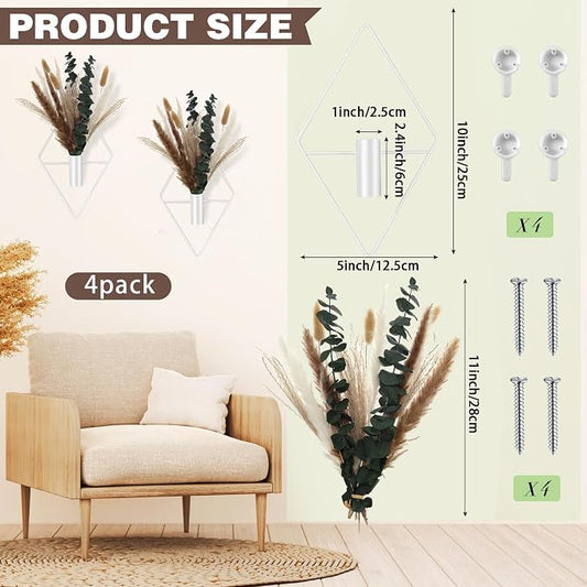 Jexine 4 Pcs Hanging Planters with Artificial Pampas White Metal Hanging Vase Indoor Plants Holder Modern Geometric Boho Bathroom Wall Decor for Living Room Home Office