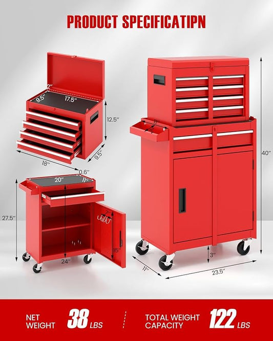 ARNOT 2-in-1 Rolling Tool Chest with 5 Drawers, Heavy-Duty Metal Tool Box with Wheels, Detachable Top Tool Box & Rolling Tool Cabinet for Garage, DIY (5-Drawers, Red)