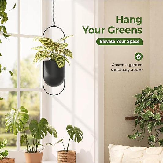Bamworld Black Hanging Planters for Indoor Outdoor Plants Metal Hanging Pots for Plants 5.5 Inch Modern Hanging Baskets Window Plant Hanger Ceiling Hanging Flower Pots with Chain for Wall Decor