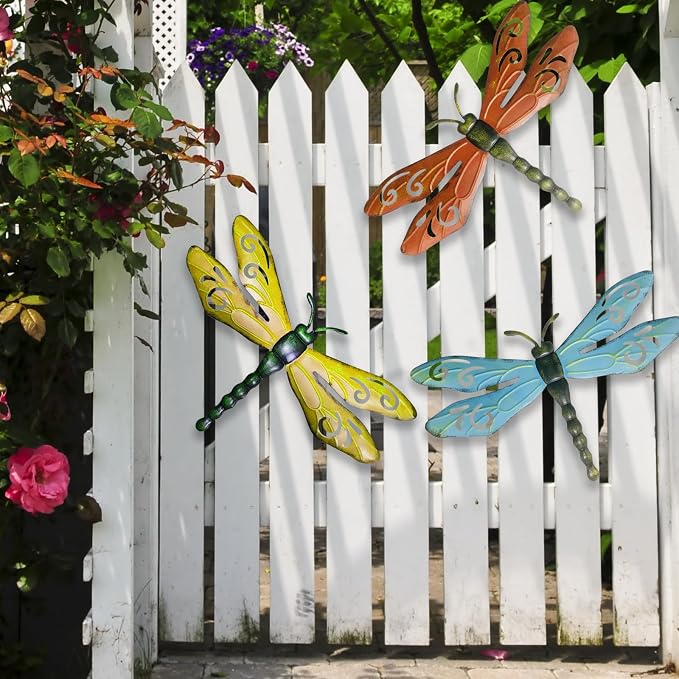 PLASUPPY Metal Dragonfly Wall Decor Outdoor Garden Fence Art Hanging Decorations for Patio, Yard, Indoor Home, Living Room, Bedroom, 3 Pack (Small)