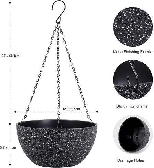 Meowell 12 inch Large Hanging Planters for Indoor Outdoor Plants, 2 Pack Hanging Flower Pots with Drainage Holes and Chain for Garden Porch, Plastic Hanging Baskets for House Plants, Speckled Black