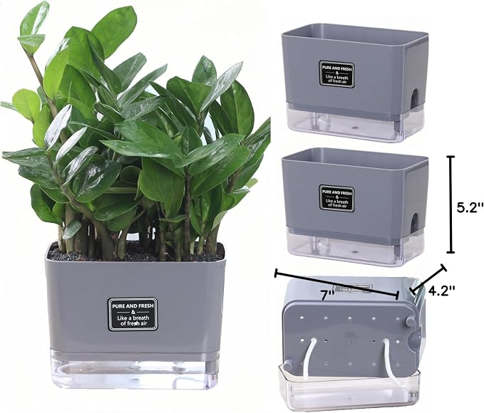 Self Watering Planters 4 Pack, 7 Inch Rectangle Plant Pots with Visible Water Reservoir, Indoor Outdoor Herb Planter Boxes for Windowsill,African Violets,Succulents,Flowers,Kitchen,Office,Balcony Gray