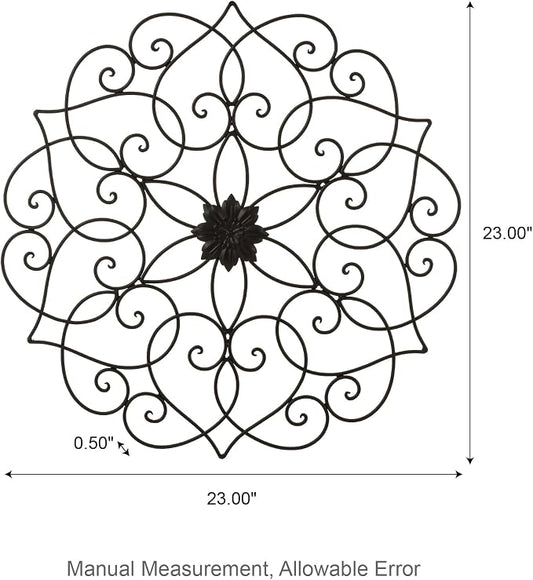 Glitzhome Black Metal Wall Art Decor, 23”H Floral Iron Wall Decor with Ornamental Scroll Design, Indoor Outdoor Wall Accent for Garden Porch Patio