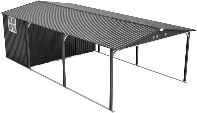 KEIKI 12x23 FT Heavy Duty Metal Carport with Storage Shed, Steel Garage Shelter with Sliding Door, Waterproof Sloped Roof, UV Protection Panels, Outdoor Car Canopy for Car, Boat, Tractor