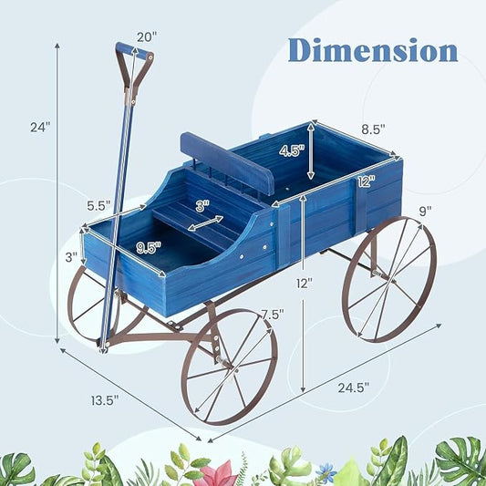 Wooden Wagon Planter, Decorative Flower Pots w/ 2 Planting Sections, Wheels & Handle, Rustic Farmhouse Garden Planter Box for Patio, Yard, Porch (Blue)