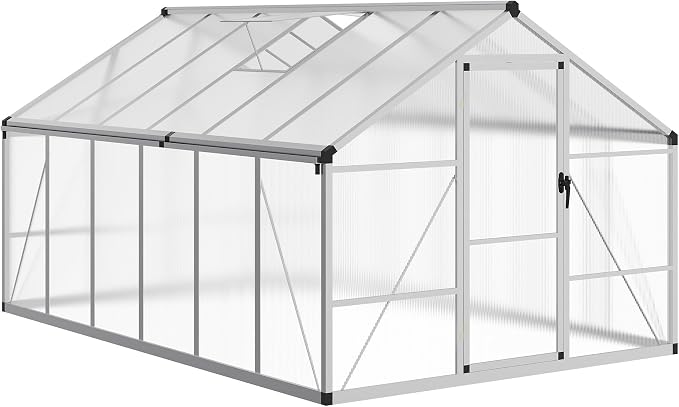 8x12 ft Walk-in Greenhouse, Polycarbonate Panels with Reinforced Aluminum Frame, Large Garden Green House for Planting and Seed Starting, Quick-Assembly Structure with Adjustable Roof Vent