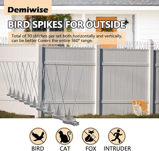 Bird Spikes, 16 Packs Pigeon Deterrent, Stainless Steel Bird Spikes Deterrent for Outside, Spikes Coverage 16 Feet, for Patio, Balcony and Garden Fence
