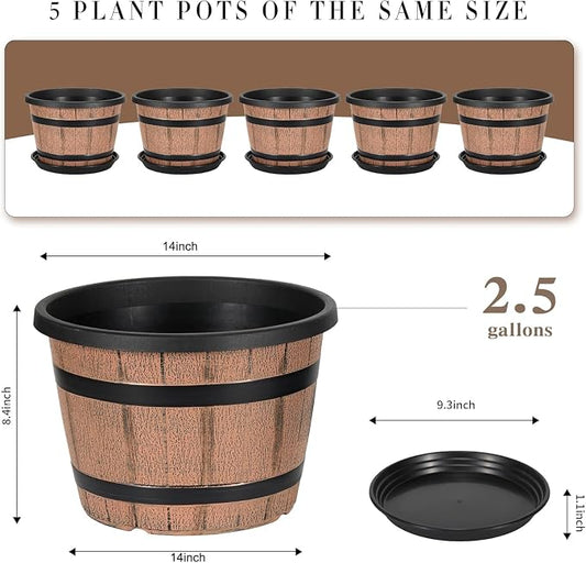14 Inch Whiskey Barrel Planters with Drainage Holes & Saucer, 5 Pack Plastic Plant Pots with Wine Barrel Design, Flower Pots for Indoor Outdoor Balcony