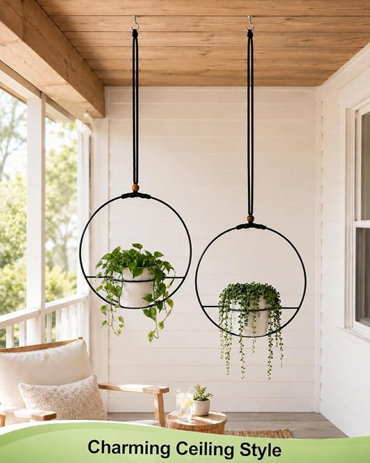 vensovo Decorative Hanging Planter Set of 2 – Round Metal Frame Hanging Plant Holders with Braided Rope, Wooden Bead Accent & White Plastic Pots – Indoor Outdoor Modern Home Decor