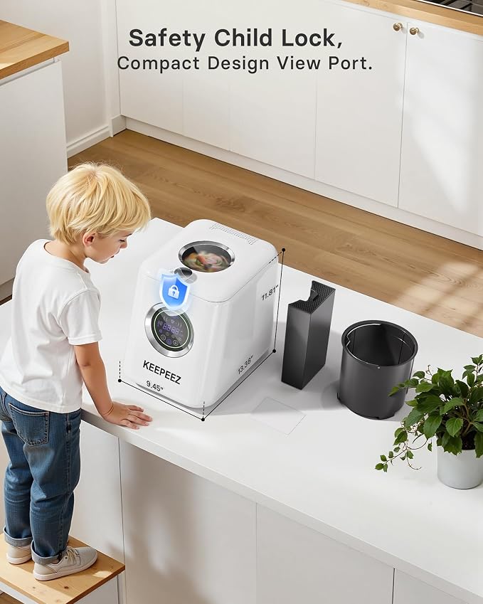 1 Gallon Electric Kitchen Composter, Smart Mill Food Recycler with Large Touch Screen, Compost Bin Indoor with 4 Sharktooth Blades, 0.5kWh Per Cycle Energy-efficient, Odorless, Low Noise,Auto-Cleaning