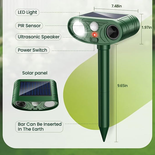2026 Upgraded Ultrasonic Solar Animal Repellent Outdoor, Deer Repellent Devices Squirrel Cat Raccoon Rabbit Dog Deterrent with Motion Sensor Flash Light for Yard Garden Lawn