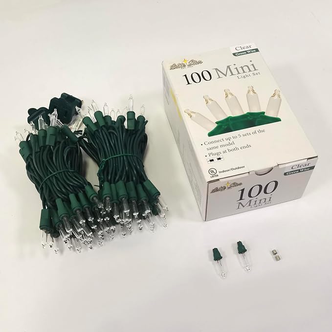 Brite Star 100 Count Mini String Christmas Lights, Clear - 22 feet Indoor/Outdoor Christmas Tree Lights with Green Wire (Set of 2)
