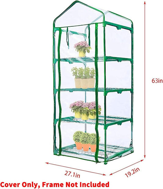 4 Tier Roll-Up Zipper Door Greenhouse Replacement Cover- 63 x 27 x 19 Inch Clear PVC Plant Greenhouse Cover for Gardening Plants Cold Frost Protection Wind Rain Proof (Frame NOT Include)