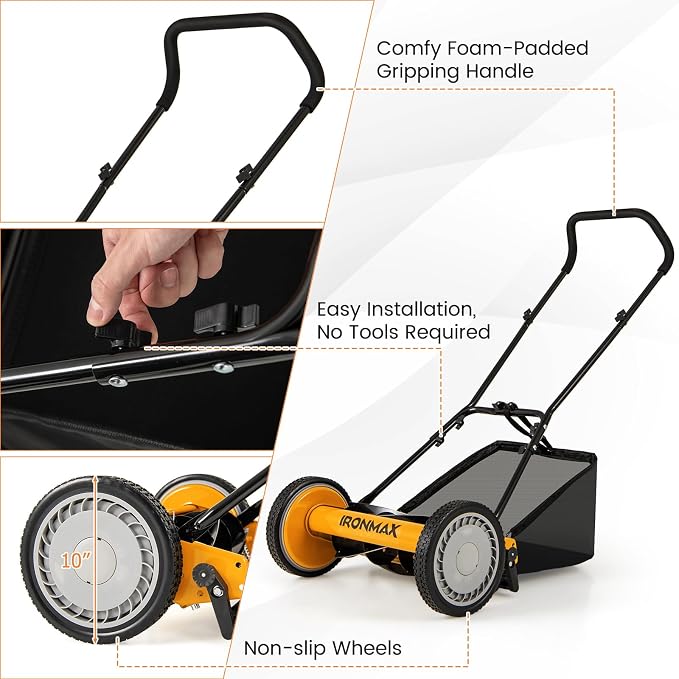 IRONMAX Lawn Mower, 16 Inch Push Reel Lawn Mower with 5 Steel Blades, Adjustable Cutting Heights, Grass Catcher Bag, Walk-Behind Manual Lawnmower for Garden Park Yard, No Motor (Orange, 16 Inch)
