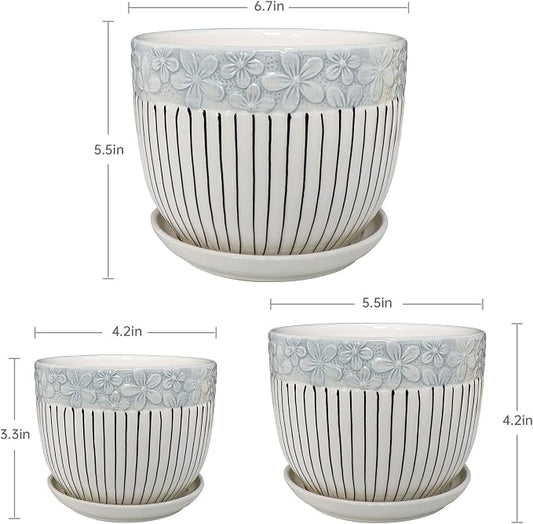 Ton Sin Grey Flower Pots, Texture Planter for Indoor Plants Set of 3 Ceramic Flower Pots with Saucer, Cute Garden Pots Succulent Pots, 6.75/5.6/4.2 Inch, Indoor Outdoor Home Garden Decor