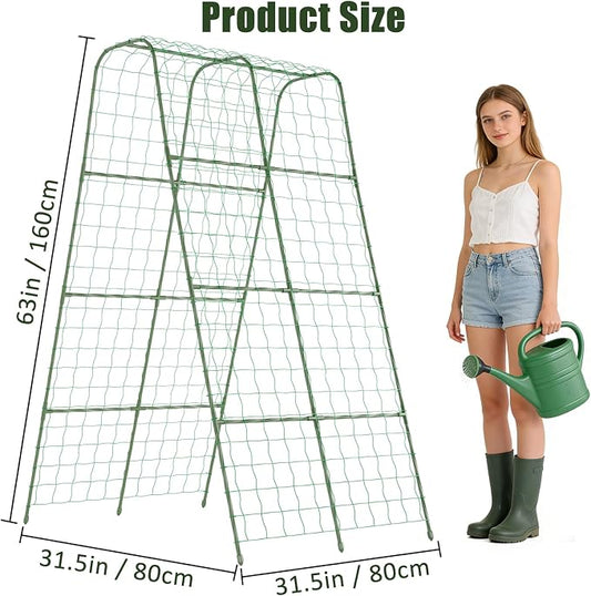 Miory Cucumber Trellis for Raised Bed, Garden Arch Trellis for Climbing Plants Outdoor, Steel with Plastic Coated Plant Support for Vines with Plastic Connector Nylon Netting (32" Lx32 Wx63 H)