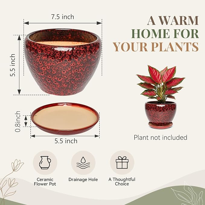 7.5 Inch Ceramic Plant Pot with Drainage Hole Mesh Net,Modern Gardening Pots for Indoor Plants with Saucer, Speckle Red