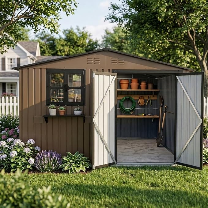 10x8 FT Storage Shed,Outdoor Metal Building Backyard Shed with 2 Clear Openable Windows,Windowsill & Garden Bed Flower Rack,Lockable Double Doors Tool Shed, Heavy Duty Waterproof,for Yard,Brown