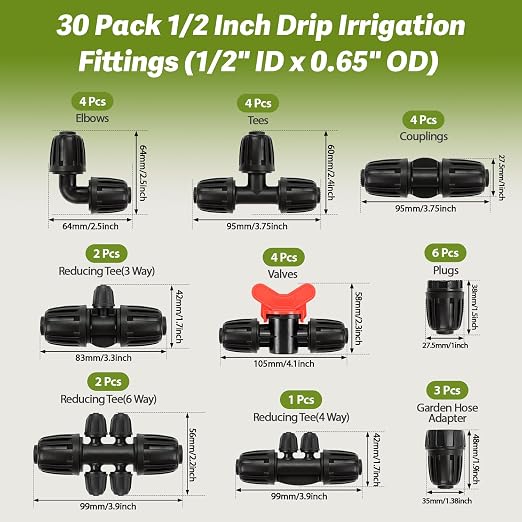 30 Pack 1/2 Inch Drip Irrigation Fittings Kit (1/2" ID x 0.6-0.65" OD), 1/2" Dripline Lock Nut Barbed Connectors - 4 Tees, 4 Couplings, 4 Elbows, 4 Valves, 6 Plugs, 3 Adapters, 5 Reducers