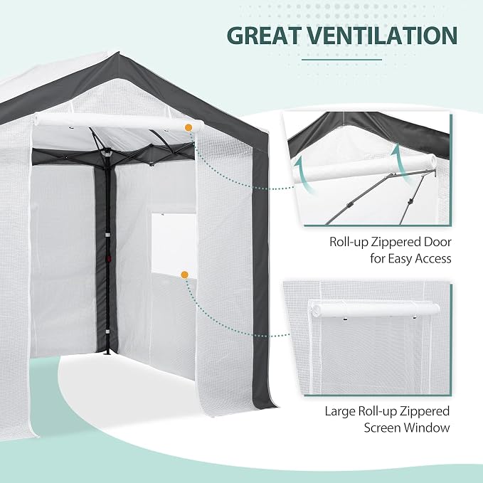 EAGLE PEAK 8x8 Portable Walk in Greenhouse with Polyester Reinforced Corners, Heavy Duty Instant Pop Up Indoor Outdoor Green House, Front Roll Up Zipper Entry Door and Mesh Windows, Gray/White
