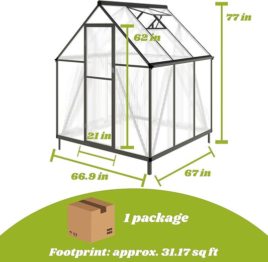 6x6 FT Greenhouse for Outdoors, Polycarbonate Greenhouse with Quick Setup Structure and Roof Vent, Aluminum Large Walk-in Green House for Outside Garden Backyard, Dark Gray