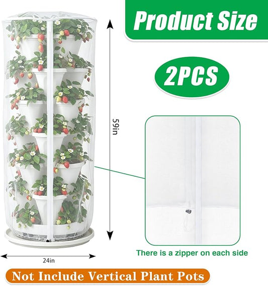 24"x59"Vertical Plant Pot Insect Netting with Zipper for Strawberry Planter | 2 Pcs Stackable 6-7 Tier Planter Pot Insect Mesh Protection for Herb Flower Fruit Vegetable, Front and Rear Two Zippers