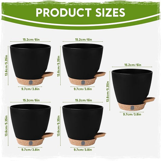 5 Pack 6 Inch Self Watering Planters for Indoor Plants, Automatic Watering Pots for Busy Plant Parents & Vacation, Decorative Modern Flower Pots with Drainage & Saucers (Black, 6 inch)