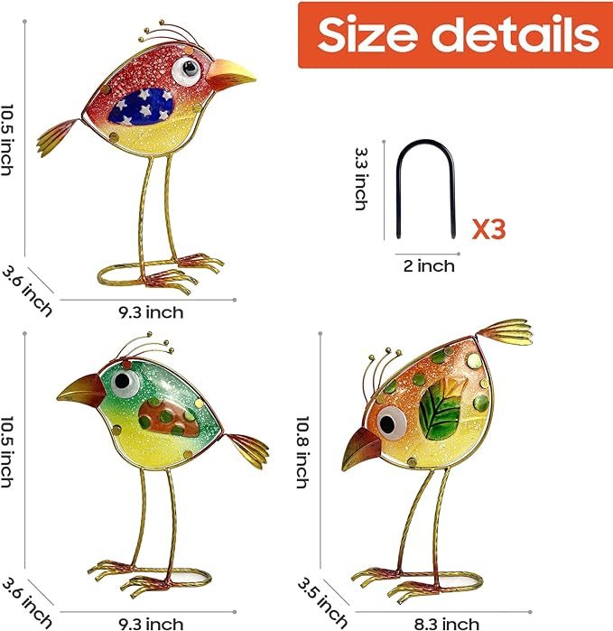 LEGIFO Garden Decor for Outside,Funny Metal & Glass Bird Decor for Indoor & Outdoor Set of 3,Yard Art Decor,Garden Art Statues Decorations,Colorful and Patriotic