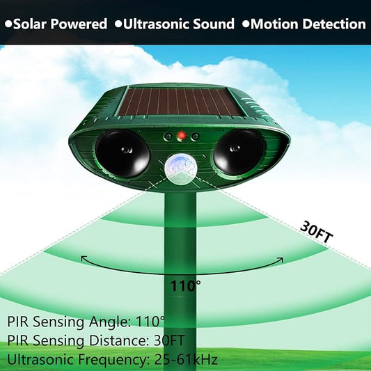 4 Pack Solar Ultrasonic Animal Repellent Outdoor, Cat Deterrent, Squirrel Repellent, Motion Activated Deer Repellent Devices for Squirrel Rabbit Skunk Raccoon Dog Cat Deer Fox Coyote Bird for Garden