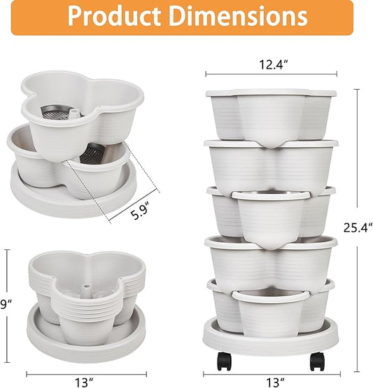 VECELO 5 Tier Vertical Garden Planter, Self Watering Stackable Planters with Wheels for Strawberries, Herbs, Flowers, Vegetables, Gray