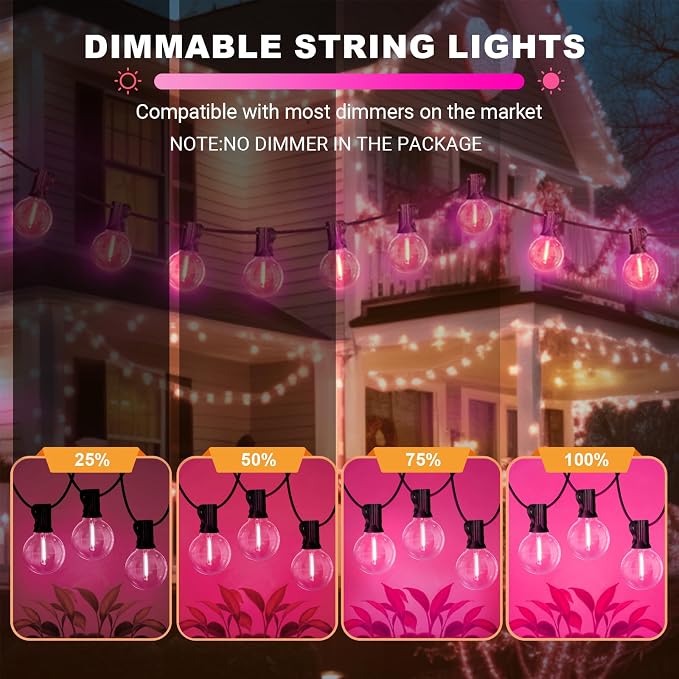 LAMPHOME LED Outdoor String Light, 26Feet Patio Lights with 12+1Edison Shatterproof Bulbs(1Spare), UL Waterproof Outside Lights connectable Dimmable for Backyard Porch Decor,Pink