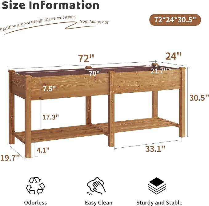 Raised Garden Bed with Legs Elevated Wooden Planter Box Stand Large Planter Stand Box for Fruits Vegetables Flowers with Divider with Bag- 72 * 24 * 30.5IN(Brown)