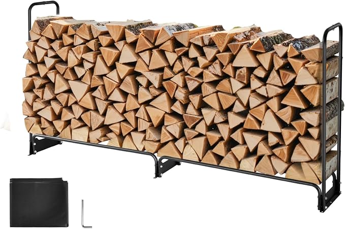 VEVOR Firewood Rack with Waterproof Cover, 8.4 ft Outdoor Firewood Holder, 1/2 Cord Storage Metal Log Holder, 660lb Max Weight Capacity, Top Covered, Powder-Coated Wood Storage Rack for Fireplace Deck