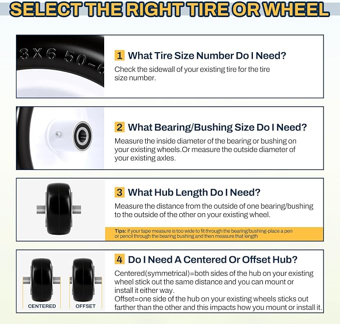 13x6.50-6 Flat Free Lawn Mower Tires and Wheels, 1/2" 3/4" 5/8" Ball Bearings, 13x6.5-6 Solid Front Tire for Zero Turn Lawnmower, Smooth Tires for Commercial Grade Lawn, 5.5"-7.5" Centered Hub, 2 Pack