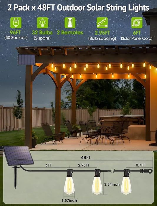 Larkvue 96FT(2x48FT) Solar Outdoor String Lights with Remote & Timer, Dimmable Patio Lights with 30+2 Shatterproof ST38 LED Bulbs for Outside-Black