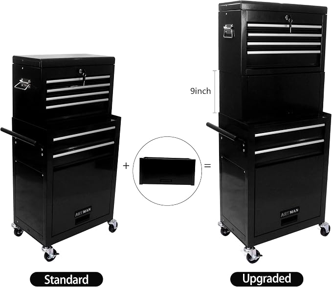 6-Drawer Tool Chest, Detachable Top for Garage, Black 3Set | Rolling Mobile Storage Cabinet Organizer with Lockable Wheels for Workshop Utility, Heavy Duty Metal Construction