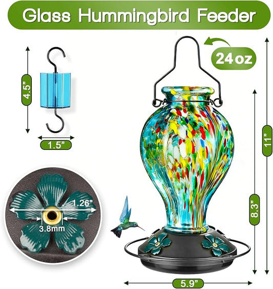 Hand Blown Glass Hummingbird Feeders for Outdoors Hanging, 24oz Wild Bird Nectar Feeder with Ant Moat and Perch, Bee-Resistant Ports, Garden Decor, Gifts for Women Mom, 1 Pack, Blue Fireworks