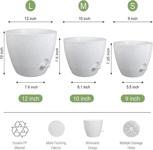 UOUZ Large Self Watering Pots, 12/10/9 Plastic Planters with High Drainage Holes and Deep Reservoir for Indoor Outdoor Garden Plants and Flowers, White Speckles