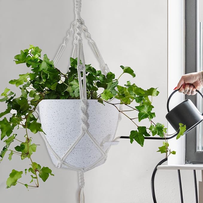 WOUSIWER 10 inch Self Watering Planters, 2 Pack Large Plastic Plant Pots with Deep Reservior and High Drainage Holes for Indoor Outdoor Plants and Flowers, Speckled White