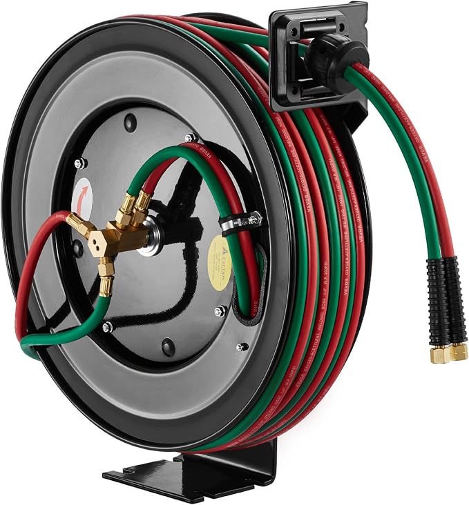 VEVOR Retractable Welding Hose Reel, 1/4 Inch x 100FT Twin Oxygen Acetylene Rubber Hose Max 300PSI - R Grade, Ceiling/Wall Mount Heavy Duty Steel Hose Reel Auto-Rewind, Ideal for Workshops Garages