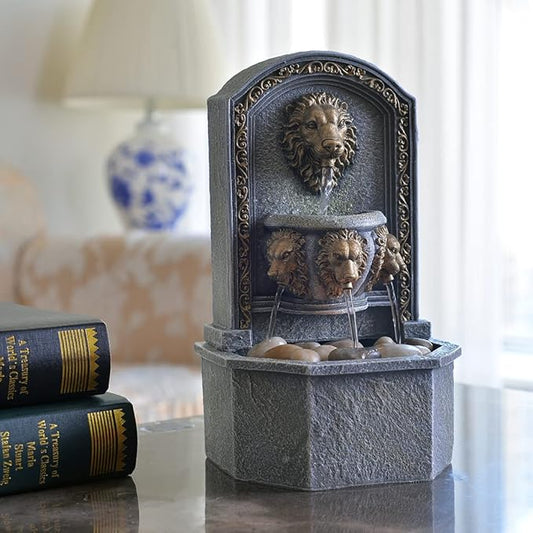GOSSI 10.3 Inch Lion Head Tabletop Water Fountain, Classic Resin Indoor Zen Waterfall Fountain with Cobblestone, Soothing Water Sounds for Office and Home Decor (20135)
