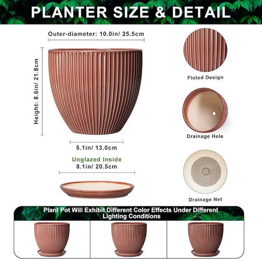 10 Inch Planter, Ceramic Flower Pot with Drainage Hole and Saucer, Round Indoor Plant Pots for Large Plants, Modern Decorative Planter, Home Kitchen Decor, Gifts for Men Women, Rust Red