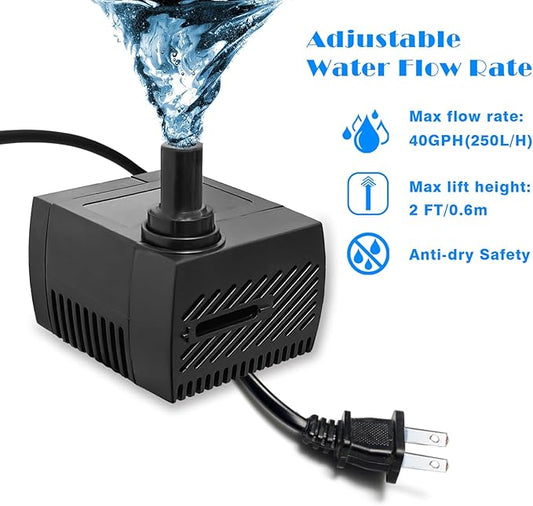 4W 40GPH Mini Submersible Water Pump, Small Fountain Pump for Ponds, Aquariums, Fish Tanks, Tabletop Fountains, Pet Fountains, Indoor and Outdoor Water Features