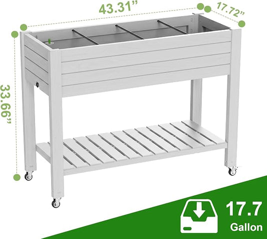 Elevated Resin Raised Garden Bed, 33.7in Height Raised Planter Box with Drainage Holes, Lockable Rotating Wheels & Bottom Storage Shelf, Stake Support, Easy Assembly for Patio Lawn Backyard Balcony