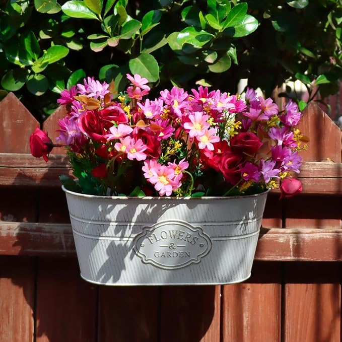 3 Pack Metal Railing Planters, 10.5" Oval Hanging Flower Pots with Detachable Hooks & Drainage Holes, Fits Rails up to 2.36", Galvanized Iron Fence Bucket for Balcony Garden Patio - Letter White