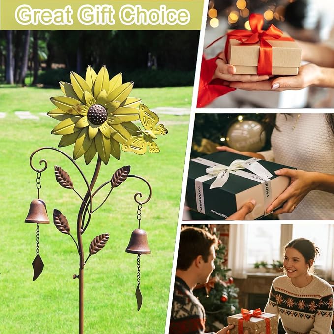 Decorative Garden Stakes,Garden Stake with Bells,Metal Flower Garden Decor | 50"H Sunflower Metal Flower Garden Stake with Bells, Lawn and Flower Bed Outdoor Garden Decor