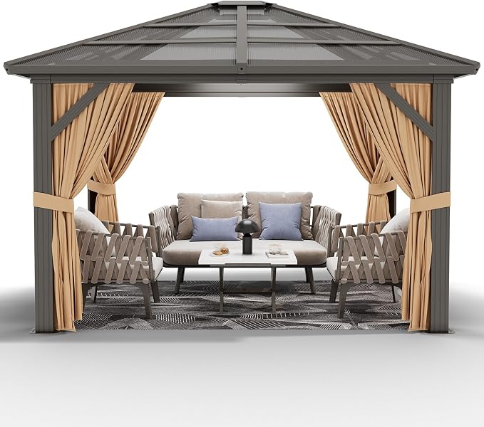 GAOMON 10'x12' Hardtop Gazebo, Outdoor Polycarbonate Double Roof Canopy, Aluminum Frame Permanent Pavilion with Curtains and Netting, Sunshade for Garden, Patio, Lawns (10x12ft), Brown