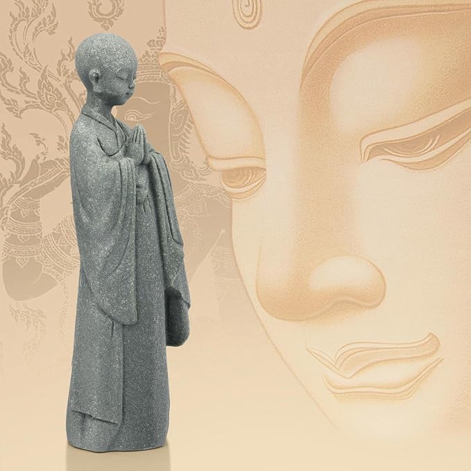 Stone Buddha Statue for Home, Meditating Monk Statue with Praying Hands, Exquisite Asian Zen Decor for Home/Office (5.3 Inch)