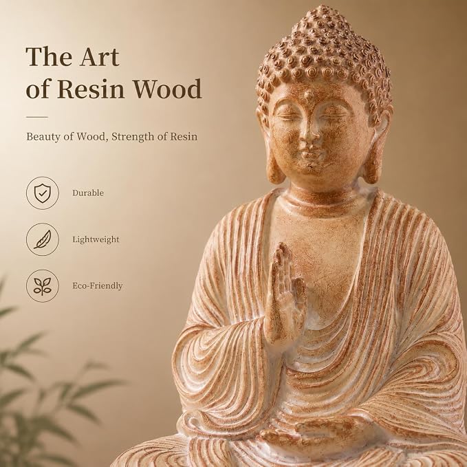 Wood Grain Buddha Statue - Wooden Shakyamuni Buddha for Indoor Home Altar, Hand Carved Wood Grain Resin Meditation Decor((Housewarming Gift/Mindfulness Aid,7.87inch)