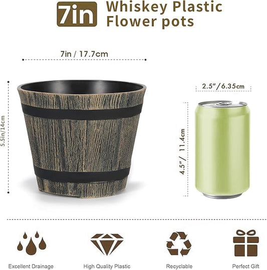 5 Pack 7 Inch Plastic Plant Pots, Whiskey Barrel Planters, Flower Pots for Indoor Outdoor Home Herb Snake Plants, Durable Pots, Set of 5